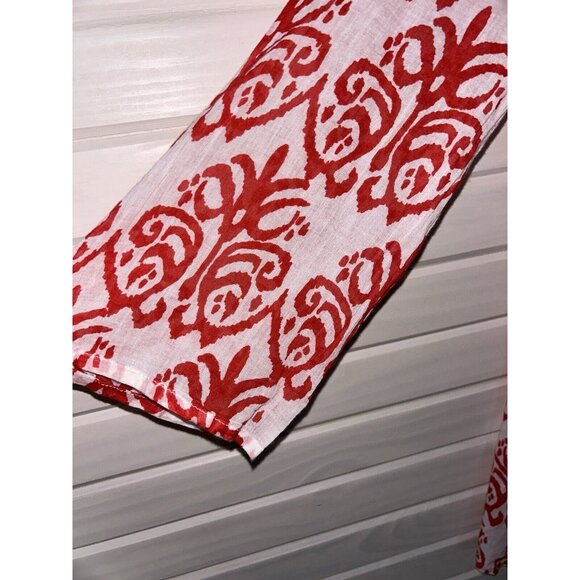 FLORA Rock Flower Paper Sz MEDIUM Red White Ikat Print Top Tunic 100% Cotton EUC - Picture 6 of 13